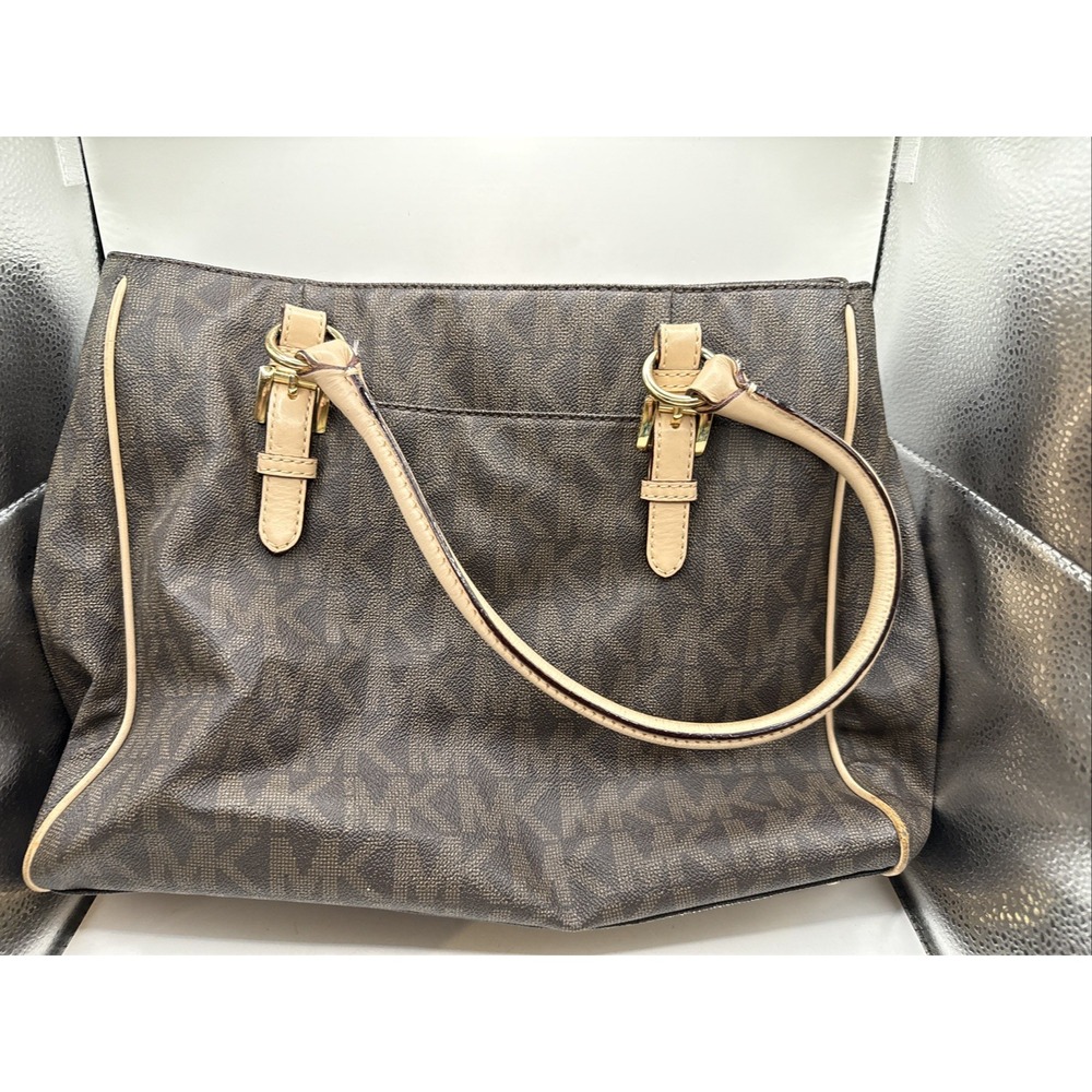 Michael Kors Monogram Tote Brown Beige Large Zip Double Handles Gold Charm